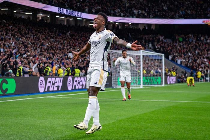 Vinicius Junior pictured celebrating after scoring a superb solo goal for Real Madrid in a 4-0 win over Girona in February 2024